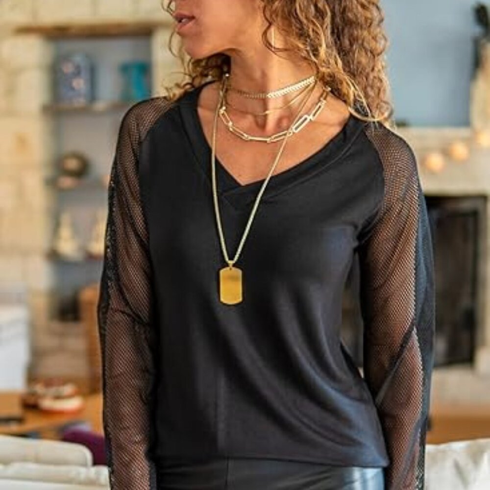 Black Mesh Sleeve V-Neck Top | Elegant Casual Blouse | Boutique Style